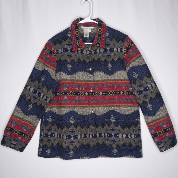 Vintage Jackets & Blazers - 90s David Brooks Aztec Multicolor Wool Blend Jacket Women Large Button Collar